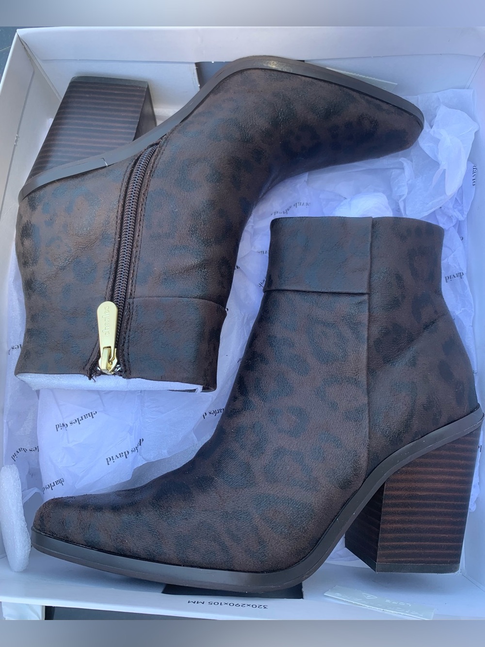 New in Box Charles David Brown Leopard-Print Ankle Booties with Block Heel